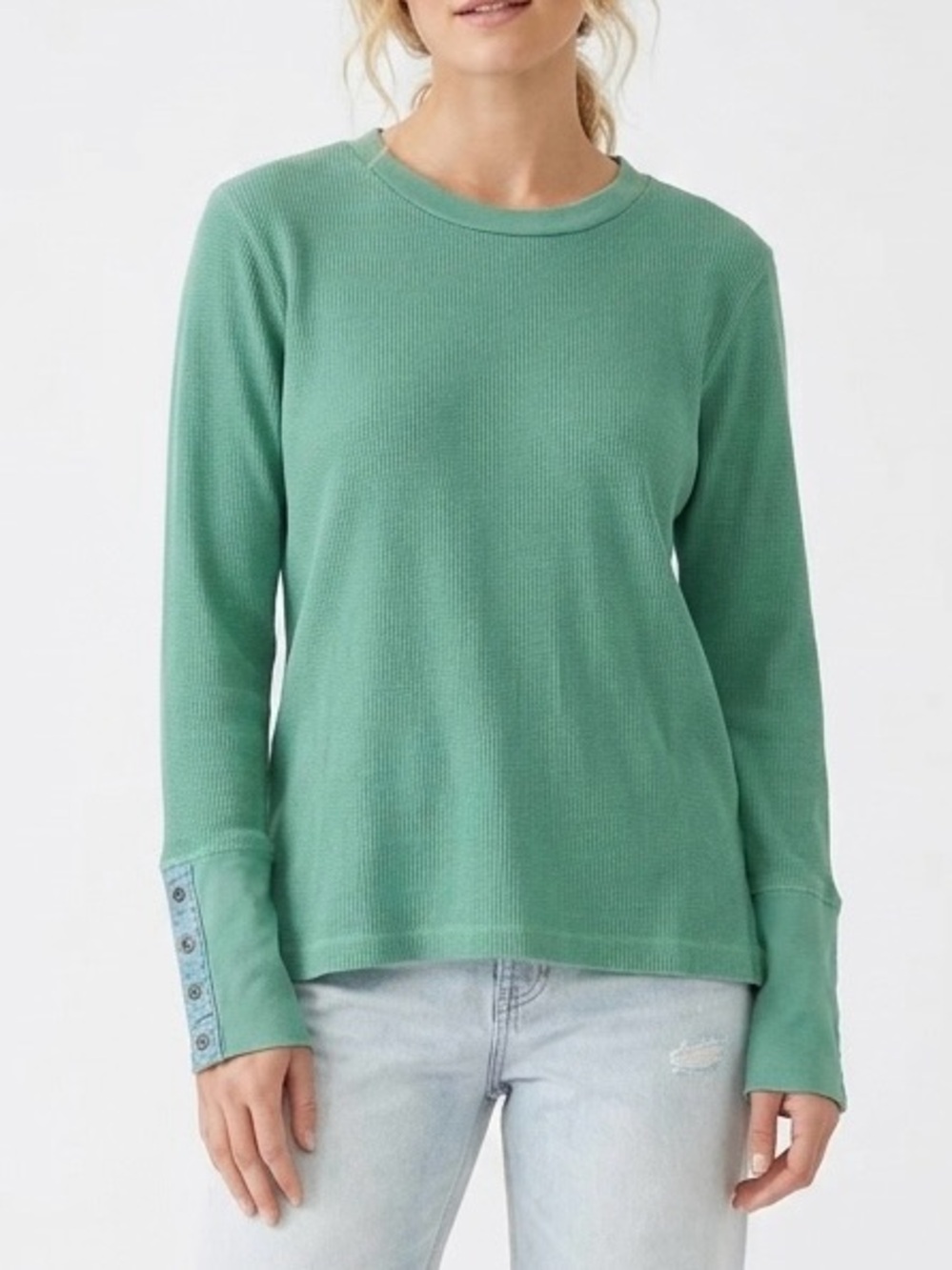 sundance green waffle knit long sleeve top m boho chic elevated casual